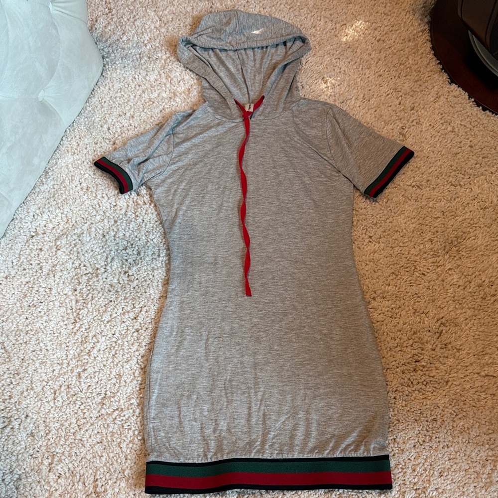Gray Hooded Dress Red Green black stripe coverup mini small stretch new